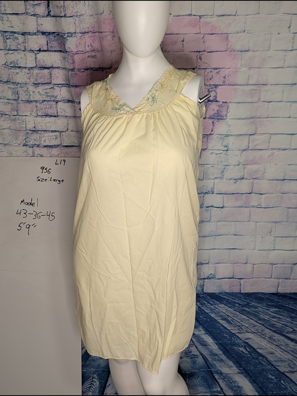 Sleeveless Embroidered Yoke Nightgown in Pale Yellow